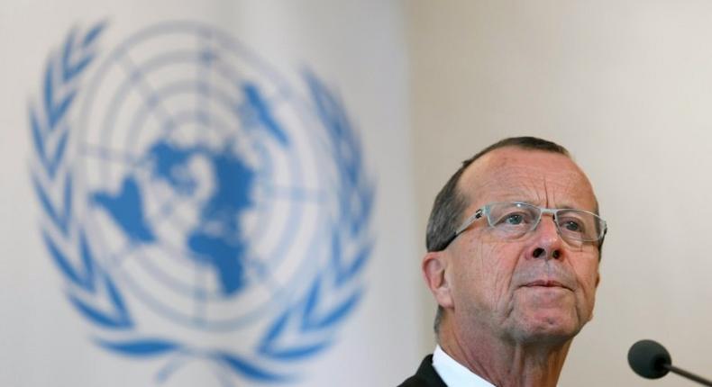 UN special envoy to Libya Martin Kobler gives a press briefing after an update on the human rights situation in Libya, before the UN Human Rights Council on September 27, 2016, in Geneva