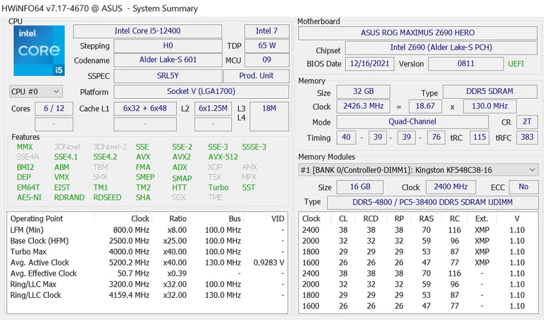Intel Core i5-12400 – HWiNFO64 – parametry przy taktowaniu 5,2 GHz