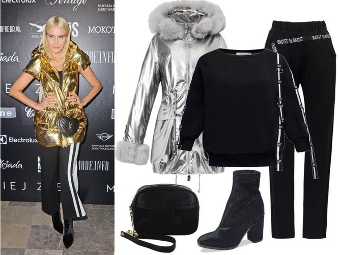 STYLIZACJE na sylwestra 2018: bluza – Bastet/bastetfashion.pl, spodnie – Bastet/bastetfashion.pl, kurtka puchowa – Boca/boca.pl, torebka – Menbur/menbur.pl, botki – Caprice/caprice.pl