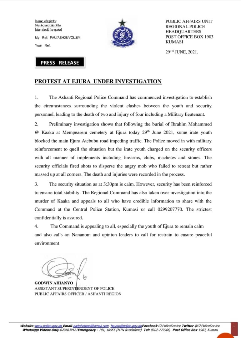 Ghana Police statement on Ejura killing