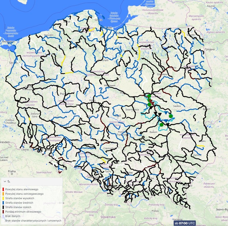 Mapa stanu wody w polskich rzekach