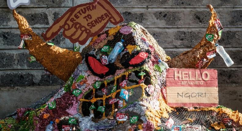 Monster problem: A Greenpeace protest against single-use plastic packaging outside a Nestle food plant in Nairobi last year