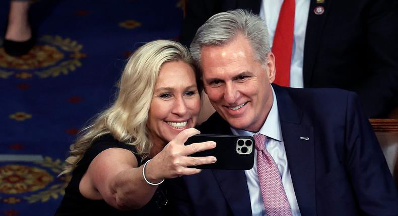 Republican Rep. Marjorie Taylor Greene of Georgia takes a selfie with Kevin McCarthy after his election as Speaker of the House.Anna Moneymaker/Getty Images