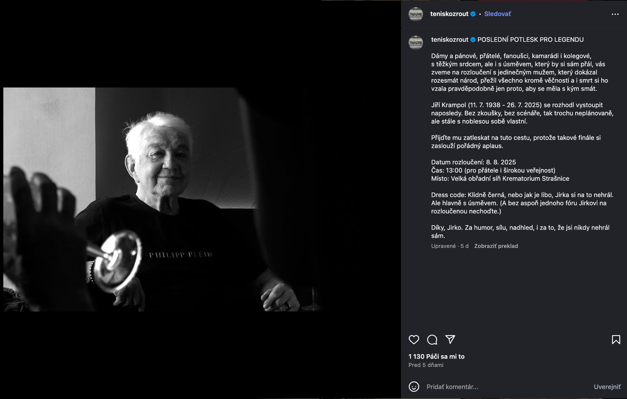Parte Jiřího Krampola zverejnil na Instagrame influencer Tomáš Zajíc.