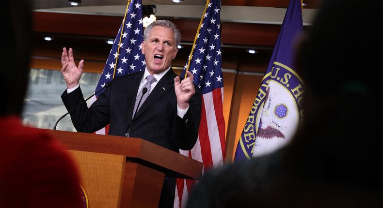 House Minority Leader Kevin McCarthy holds a news conference at the U.S. Capitol on September 23, 2021 in Washington, DC.