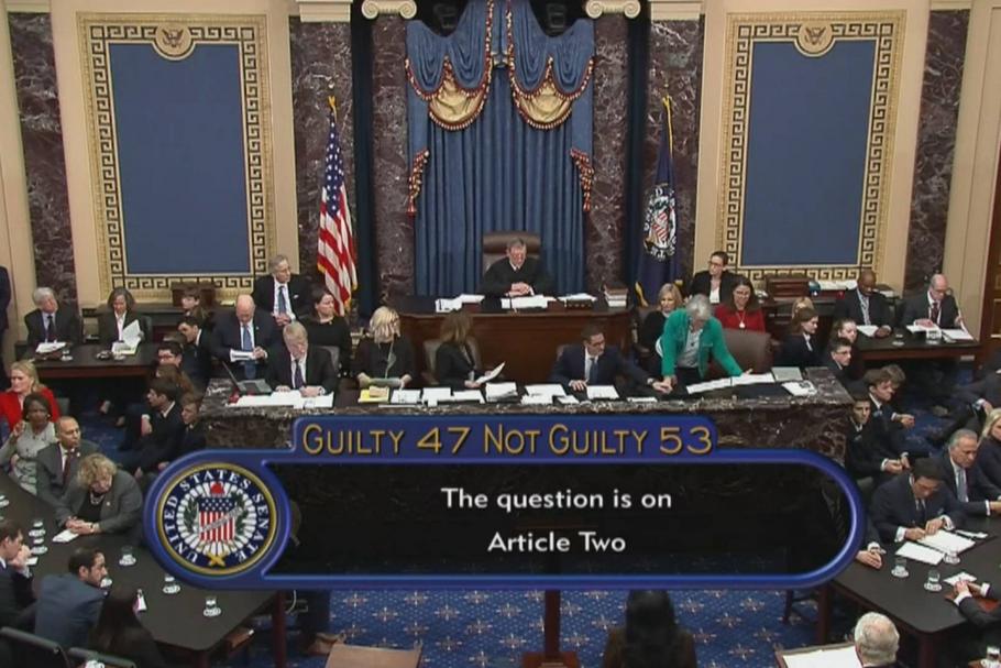 Senat USA po głosowaniu nad drugim artykułem impeachmentu dotyczącym utrudniania przez Donalda Trumpa pracy Kongresu. Waszyngton, 5 lutego 2020 r.
