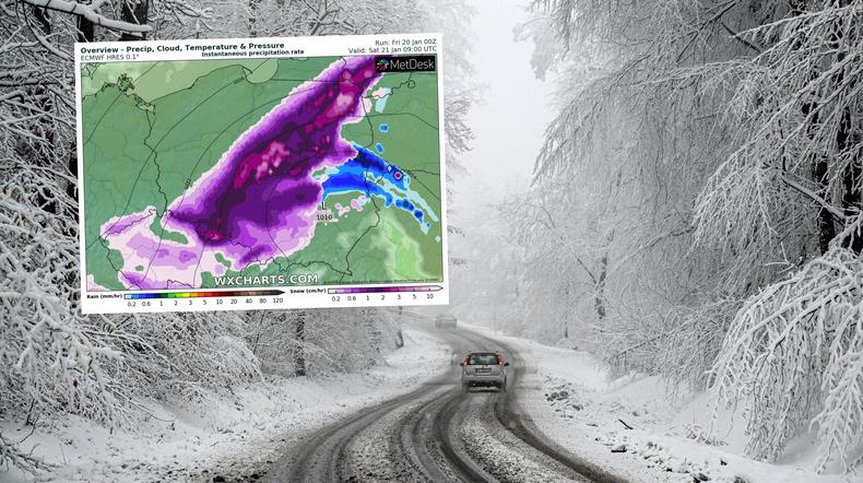 W weekend pod śniegiem znajdzie się prawie cała Polska (mapa: wxcharts.com)