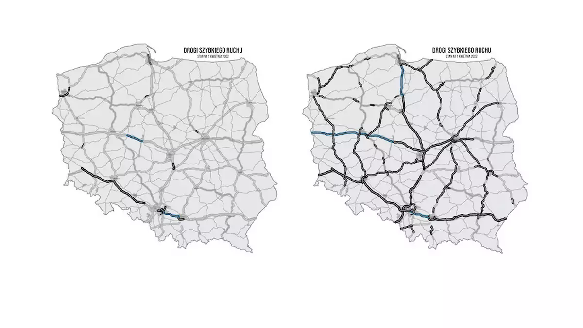 Mapa dróg w Polsce w 2002 i 2022 r.