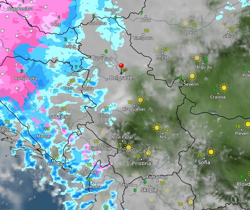 Oblaci nad Srbijom u 13 sati .