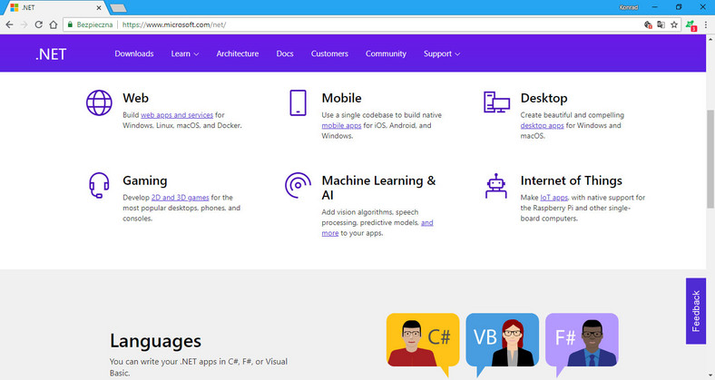 Microsoft na swojej stronie internetowej, poświęconej platformie .NET, informuje, że możemy ją wykorzystać do tworzenia aplikacji internetowych, mobilnych, gier, a także do uczenia maszynowego i sztucznej inteligencji.