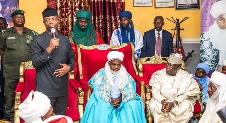 Acting President, Yemi Osinbajo (left) paid a courtesy visit to the Emir of Gusau, Alhaji Ibrahim Bello (middle), with Governor Abdul'aziz Yari (right) in Zamfara state on Tuesday, July 18, 2017