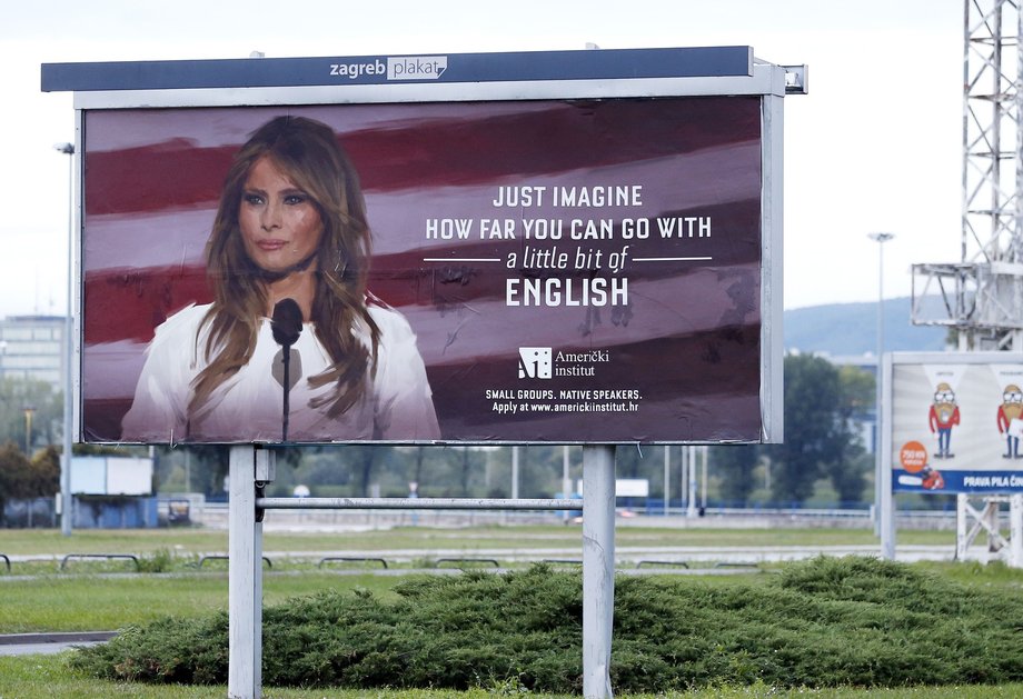 Billboard z Melanią Trump reklamujący szkołę angielskiego w Zagrzebiu