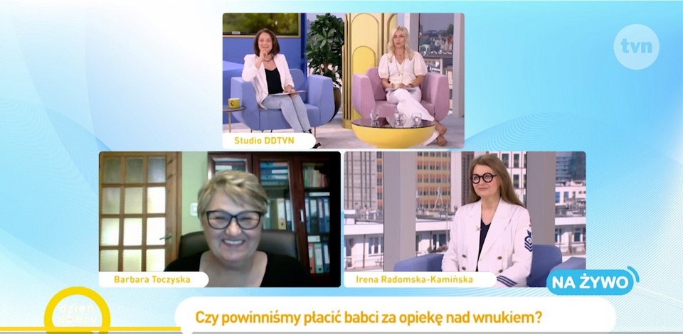 W programie śniadaniowym "Dzień dobry TVN" nazwisko Ireny Kamińskiej-Radomskiej błędnie podano w wersji Radomska-Kamińska.