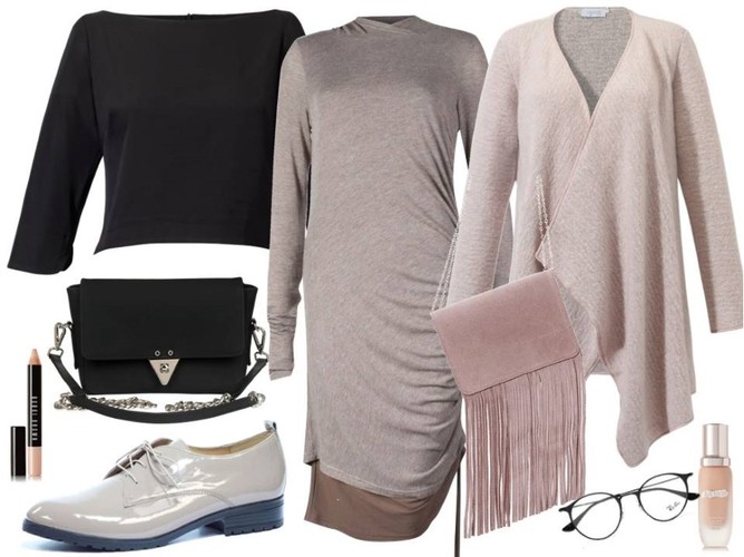 STYLIZACJE w kolorze nude: Bluzka – Midori/midori.pl, sukienka – Rabarbar/rabarbar.com.pl, sweter – Jelonek/jelonek.pl, torebka czarna – antbag by ania/antbags.pl,  torebka beżowa – Gianmarko/gianmarko.pl, buty – Caprice/caprice.pl, akcesoria  – TKMAXX/tkmaxx.pl