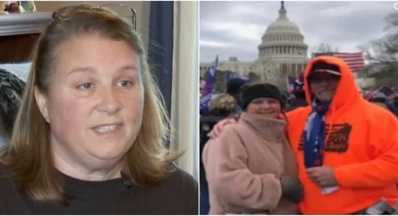 Left: Lori Vinson at a news interview. Right: Vinson and her husband Thomas outside the Capitol.
