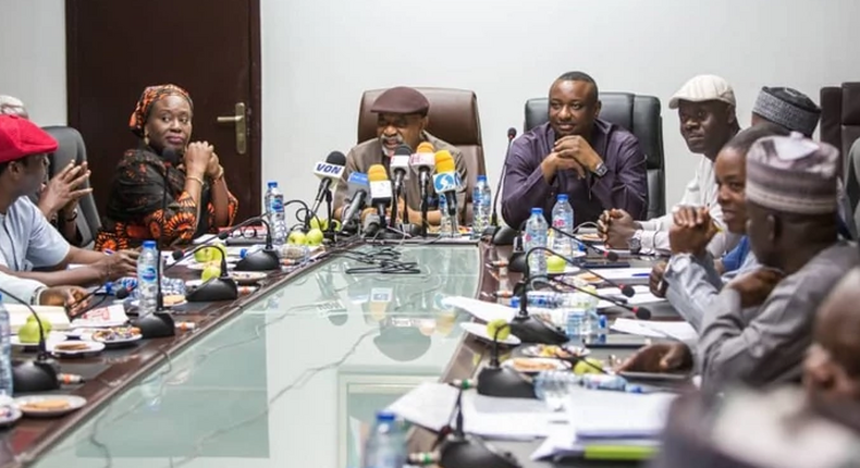 Minister of Labour and Employment, Dr Chris Ngige and his state counterpart, Dr Festus Keyamo during negotiation with Labour leaders over the consequential adjustments to the new Minimum Wage. [Twitter/@fkeyamo]