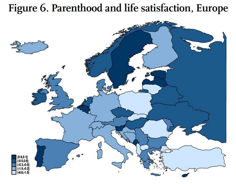 Europa: Poziom satysfakcji z życia związany z rodzicielstwem. Im ciemniejszy kolor, tym większe zadowolenie z życia, im jaśniejszy - mniejsze, World Happiness Report 2016