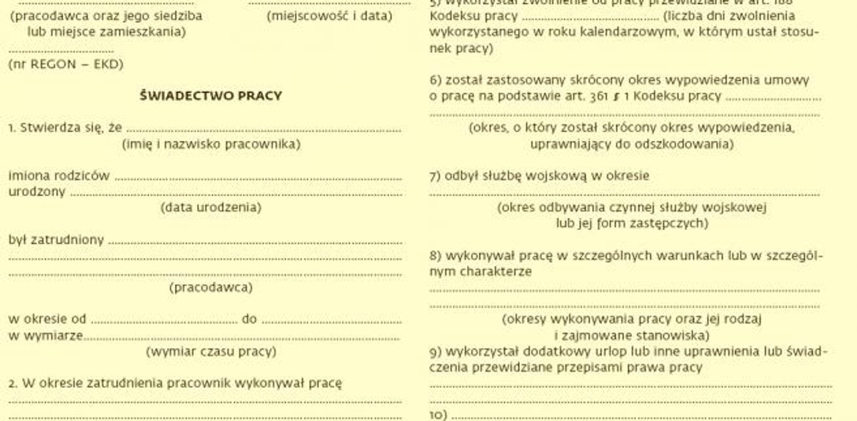 Wzór świadectwa pracy