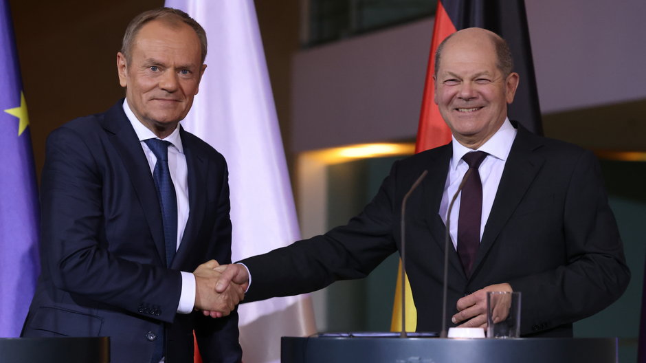 Donald Tusk i Olaf Scholz podczas wizyty premiera Polski w Berlinie.