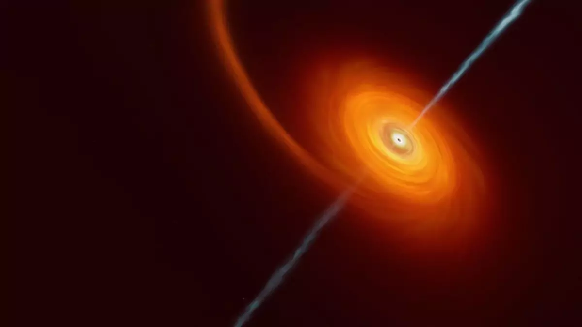 Ilustracja przedstawiająca proces rozszarpywania gwiazdy przez czarną dziurę