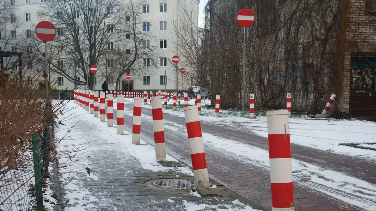 Szpaler słupków "patriotków" na osiedlu na Muranowie w Warszawie