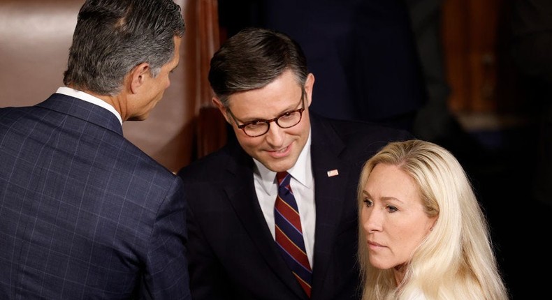 Speaker of the House Mike Johnson and Rep. Marjorie Taylor Greene have feuded in recent weeks.Anna Moneymaker/Getty Images