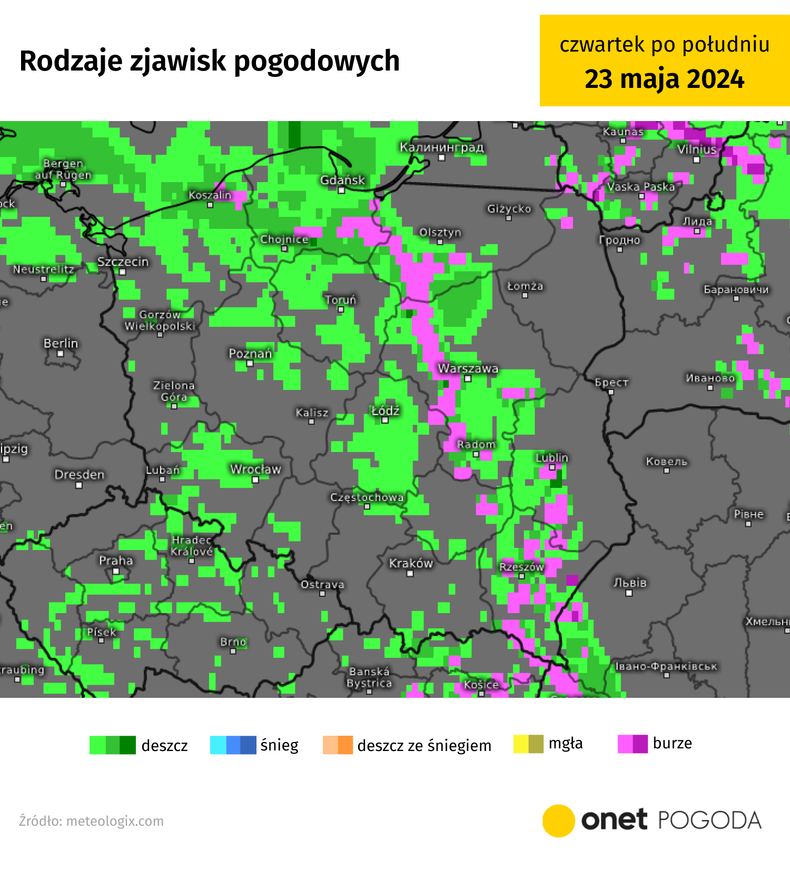 Na przeważającym obszarze kraju możliwe są przelotne opady deszczu oraz burze, im dalej na wschód i północ, tym silniejsze