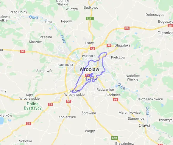 Ten sam obszar naniesiony na mapę Wrocławia