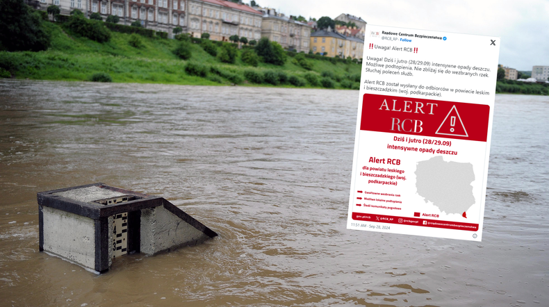 Alert RCB dla południowo wschodniej Polski. Chodzi o ulewy i podtopienia (screen: X/Rządowe Centrum Bezpieczeństwa)