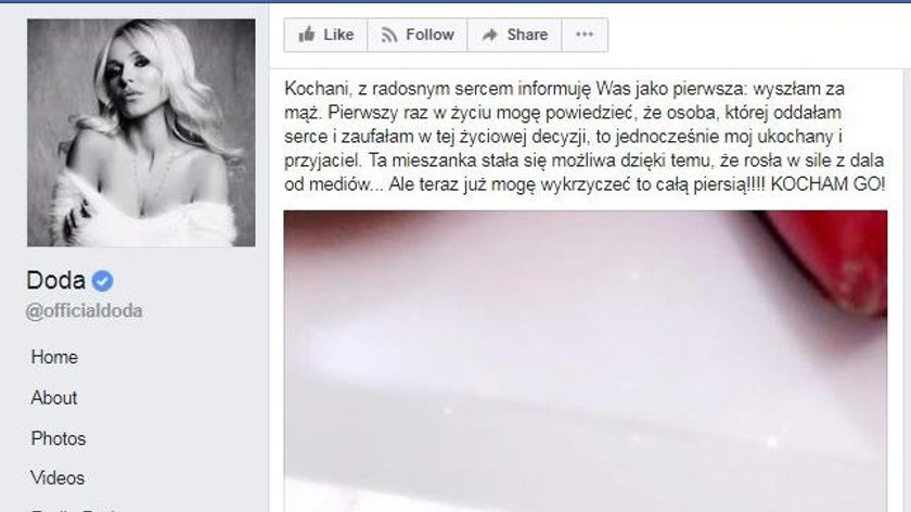 Doda wzięła ślub. Pochwaliła się tym na Facebooku