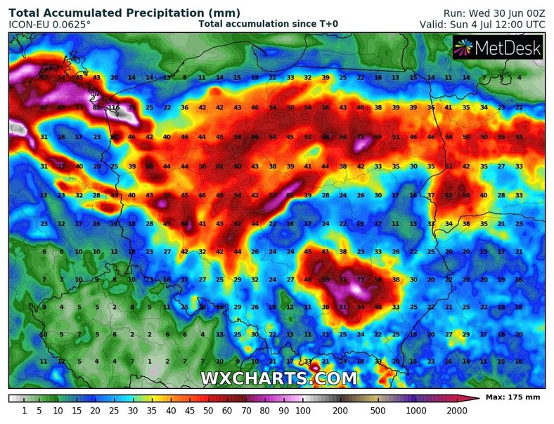 Prognozowana suma opadów w Polsce do końca tygodnia