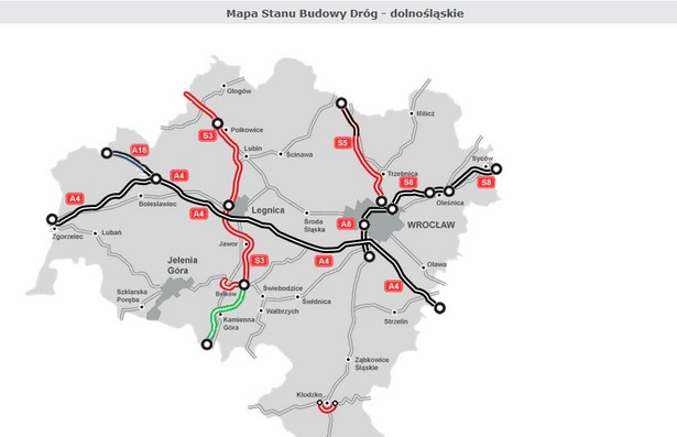 Mapa stanu budowy dróg - dolnośląskie, GDDKiA