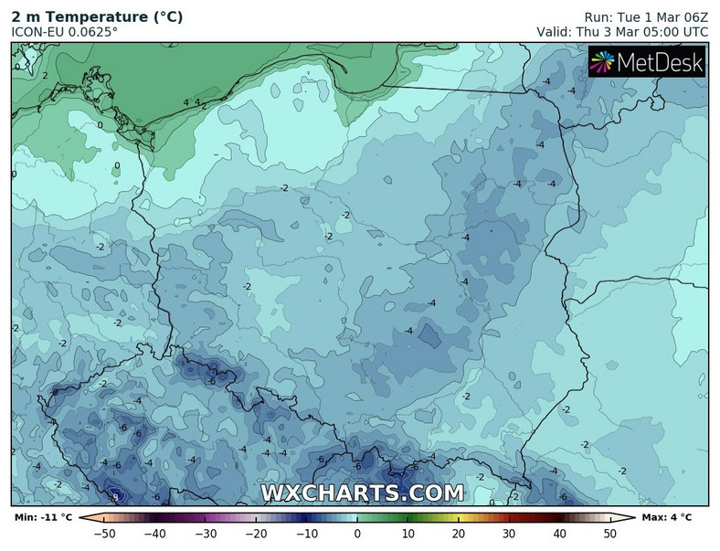 Na przeważającym obszarze kraju będzie mroźno