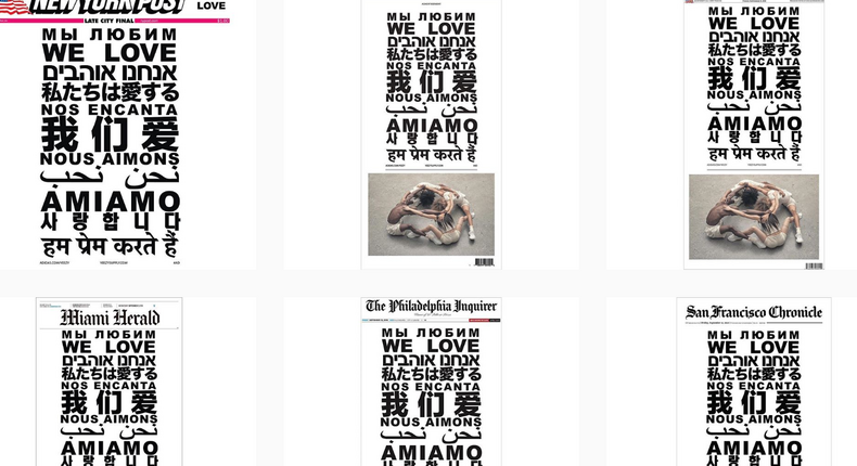 Yeezy's front page ads, posted on Kanye West's Instagram.