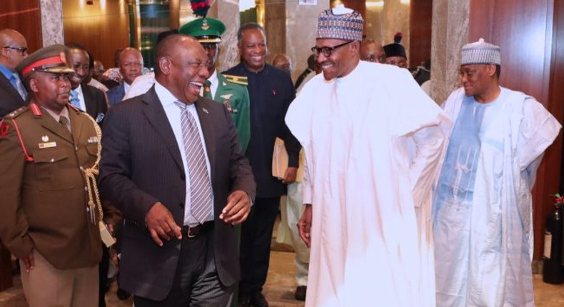 Muhammadu Buhari and South Africa’s President, Cyril Ramaphosa at the Statehouse