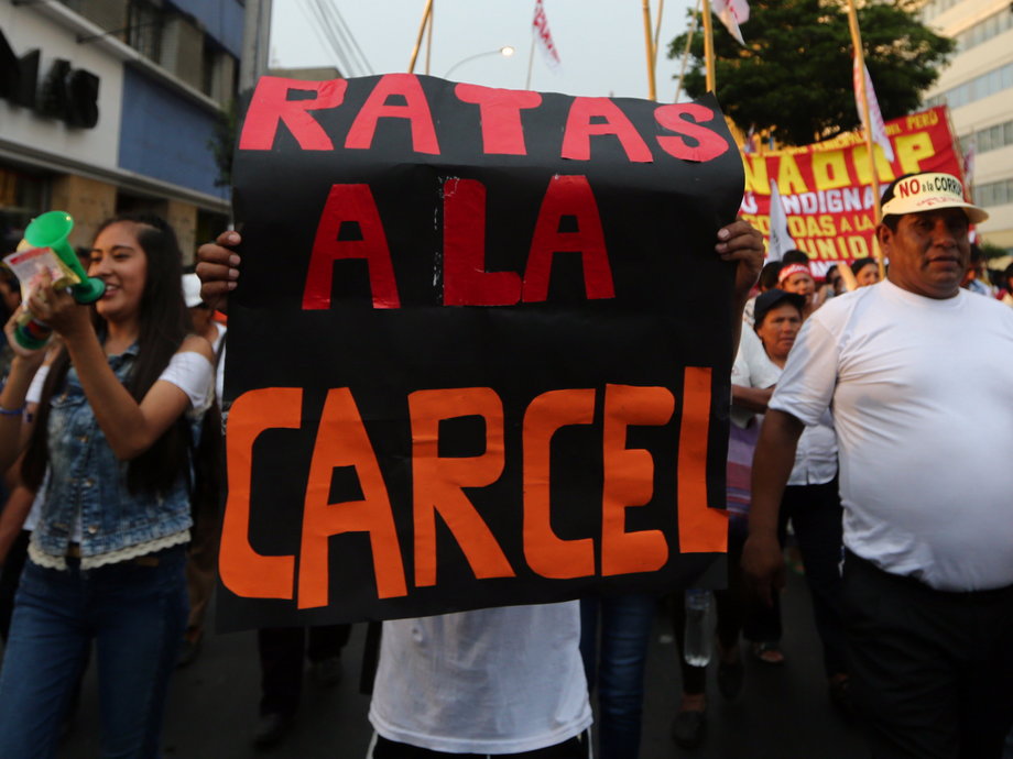 ople take part in a protest against corruption in Lima, Peru after a scandal involving bribes Brazil's Odebrecht distributed in Peru, February 16, 2017. The sign reads, "Rats to jail".