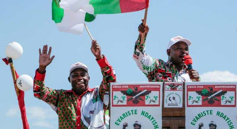 President Pierre Nkurunziza, right, and his hand-picked successor Evariste Ndayishimiye at a rally ahead of last week's elections