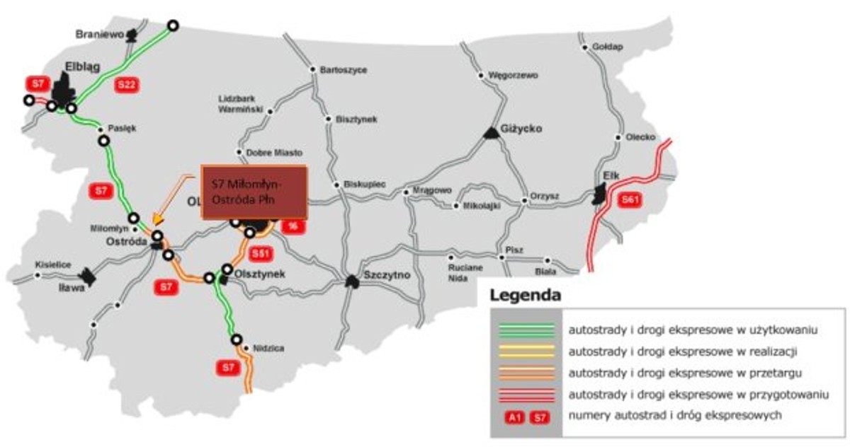 S7 Miłomłyn-Ostróda - mapa nowego odcinka