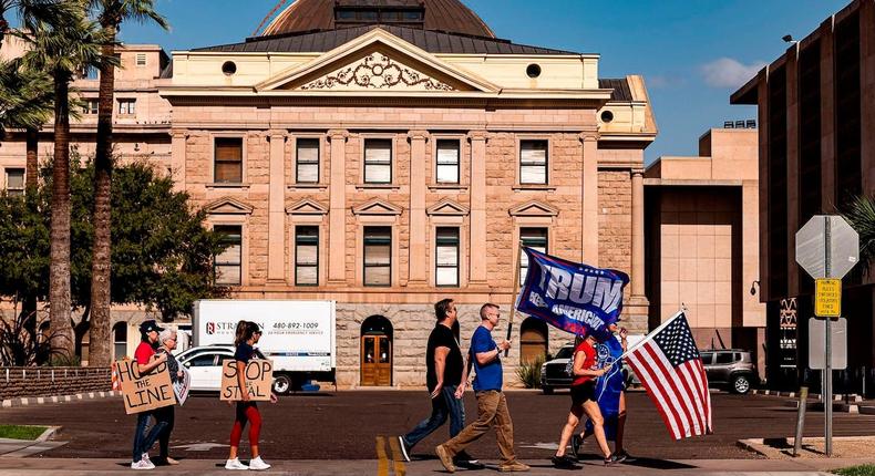 Supporters of former President Donald Trump demonstrate in front of the Arizona State Capitol in Phoenix, Arizona, in 2020.