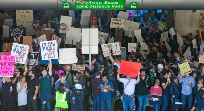 Protesters gather at Los Angeles International airport to demonstrate against President Donald Trump's executive order effectively banning citizens from seven Muslim majority countries