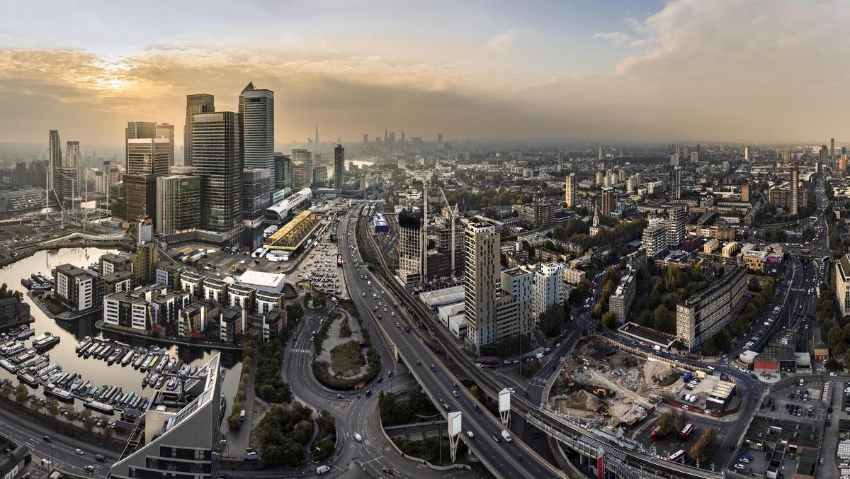 Aerial sunset over Canary Wharf