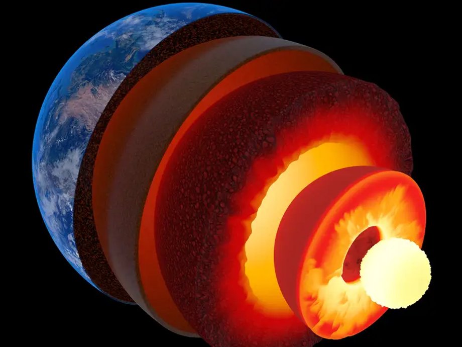 Artystyczne wyobrażenie warstw naszej planety, w tym skorupy, płaszcza oraz wewnętrznego i zewnętrznego jądra. 