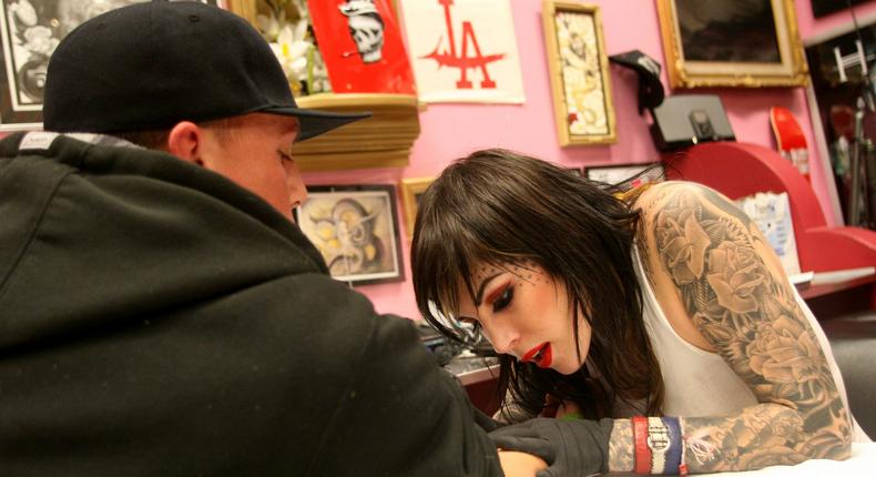 Kat Von D works on a tattoo at her former studio in Los Angeles, California.Matthew Simmons/Getty Images
