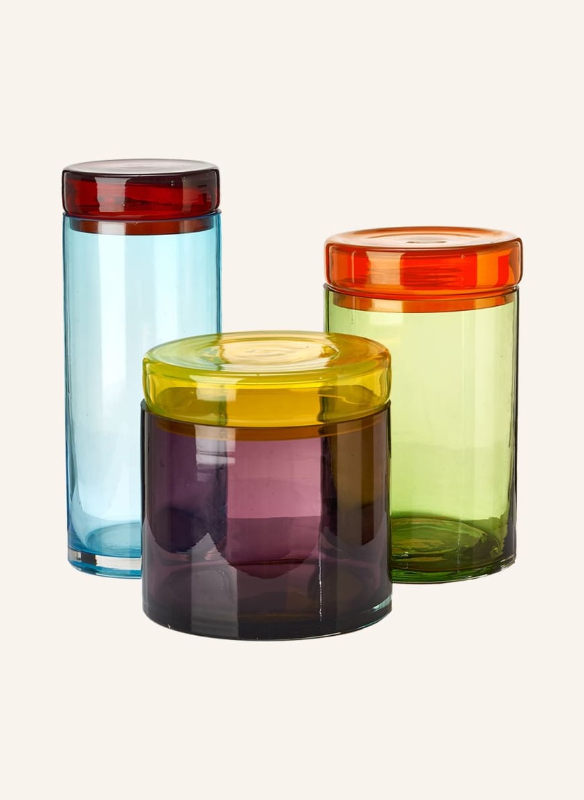 Mehrfarbiges 3er-Set an Aufbewahrungsdosen «Caps&Jars» aus Glas von Pols Potten für 229 Franken, via Breuninger.