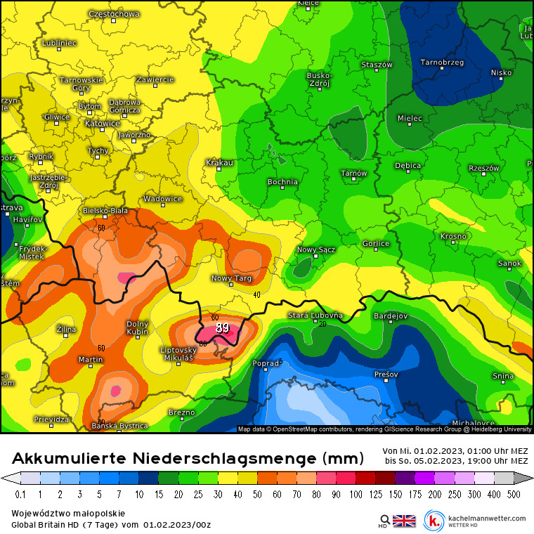 Prognozowana suma opadów na południu Polski do końca tygodnia