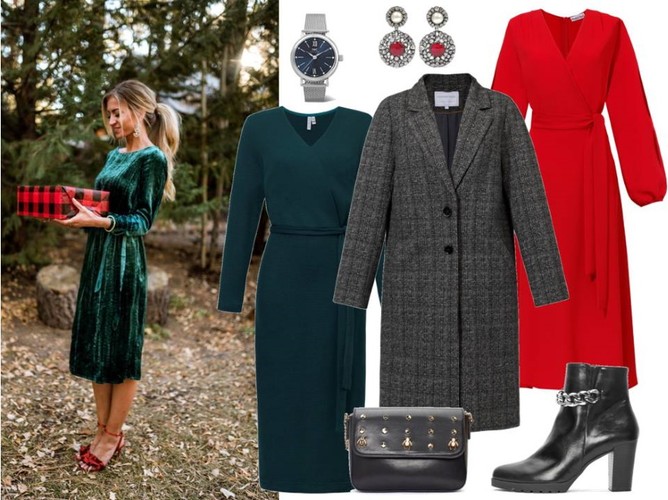 STYLIZACJE na Boże Narodzenie 2019: zielona sukienka i szary płaszcz - Cotton Club/ cottonclub.pl, czerwona sukienka - Modern Line/ modernline.pl, buty i torebka - Menbur/menbur.pl, pozostałe dodatki - TK MAXX