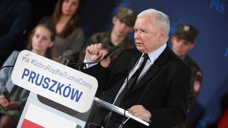 Jarosław Kaczyński podczas spotkania z wyborcami w Pruszkowie.