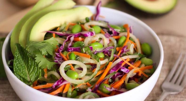 Edamame and cucumber noodle salad with creamy ginger dressing