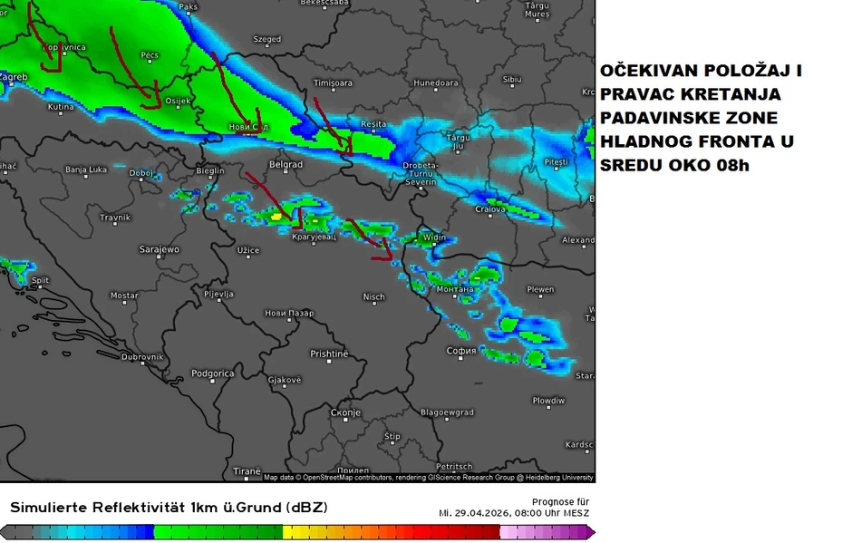 Pravac kretanja padavinske zone hladnog fronta u jutarnjim satima