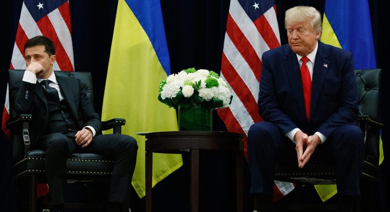 In this Sept. 25, 2019 file photo President Donald Trump meets with Ukrainian President Volodymyr Zelenskiy at the InterContinental Barclay New York hotel during the United Nations General Assembly in New York.